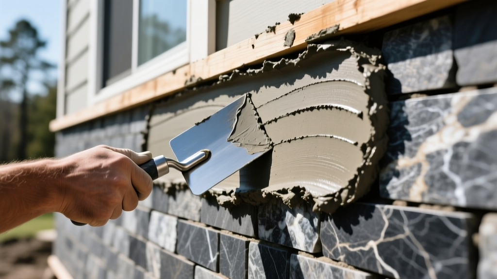 Close-up of a mason troweling Type S mortar behind a dark charcoal natural thin granite veneer stone on an exterior residential wall