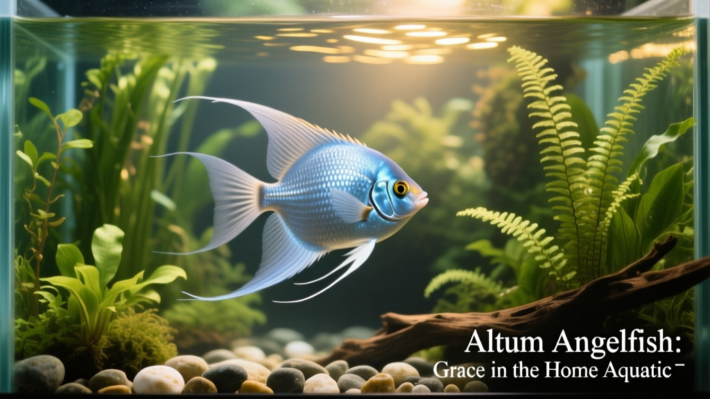 Altum angelfish swimming gracefully among tall aquatic plants in a spacious, planted aquarium