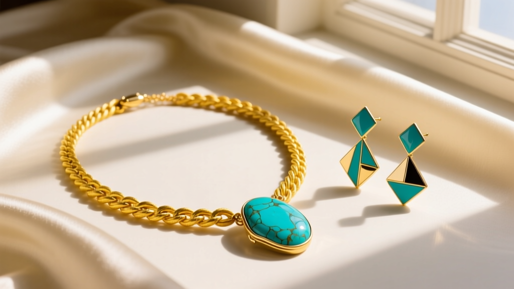 Vintage 1970s jewelry layout with a yellow gold rope chain, turquoise necklace, and geometric enamel earrings on cream silk