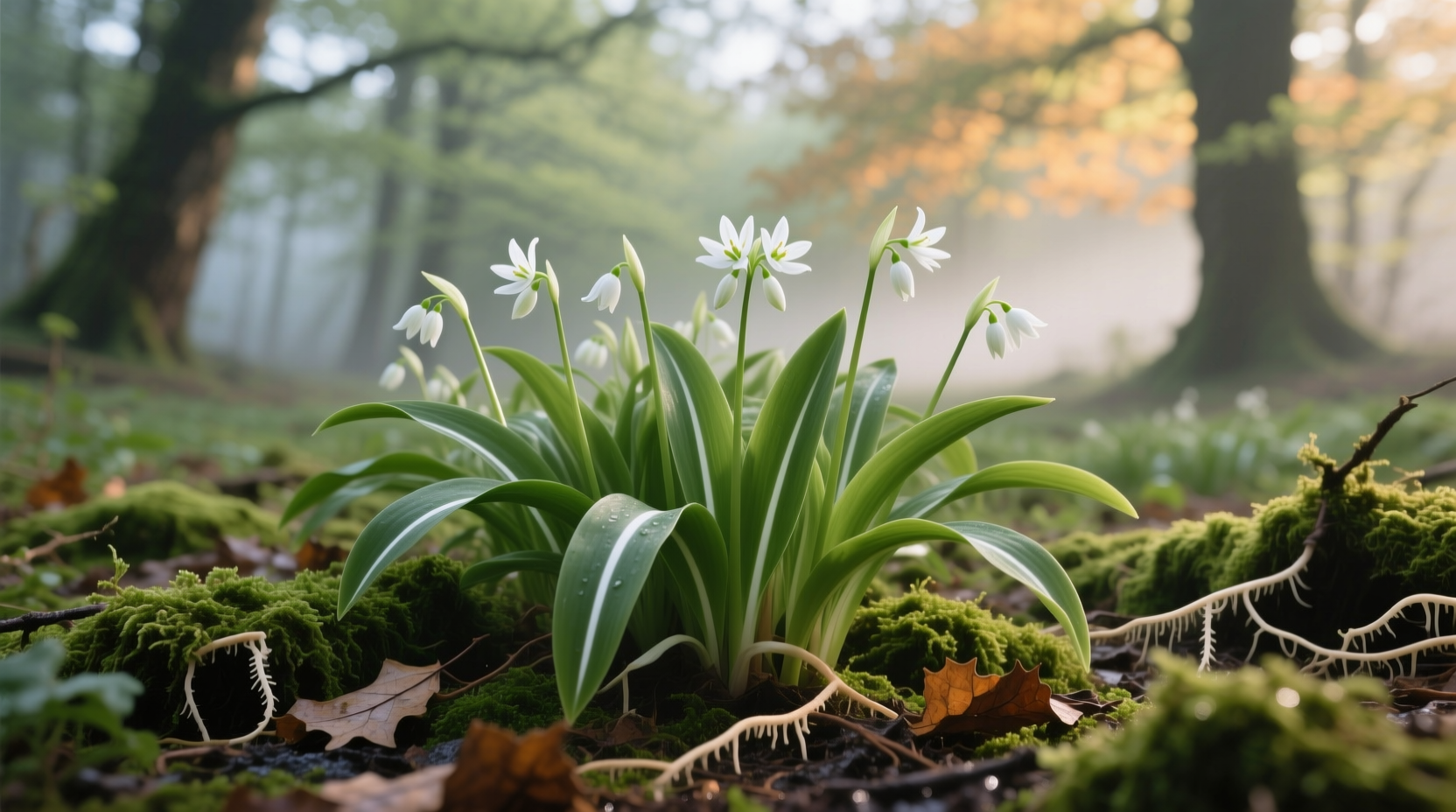 Wild garlic growing in forest floor with characteristic leaves