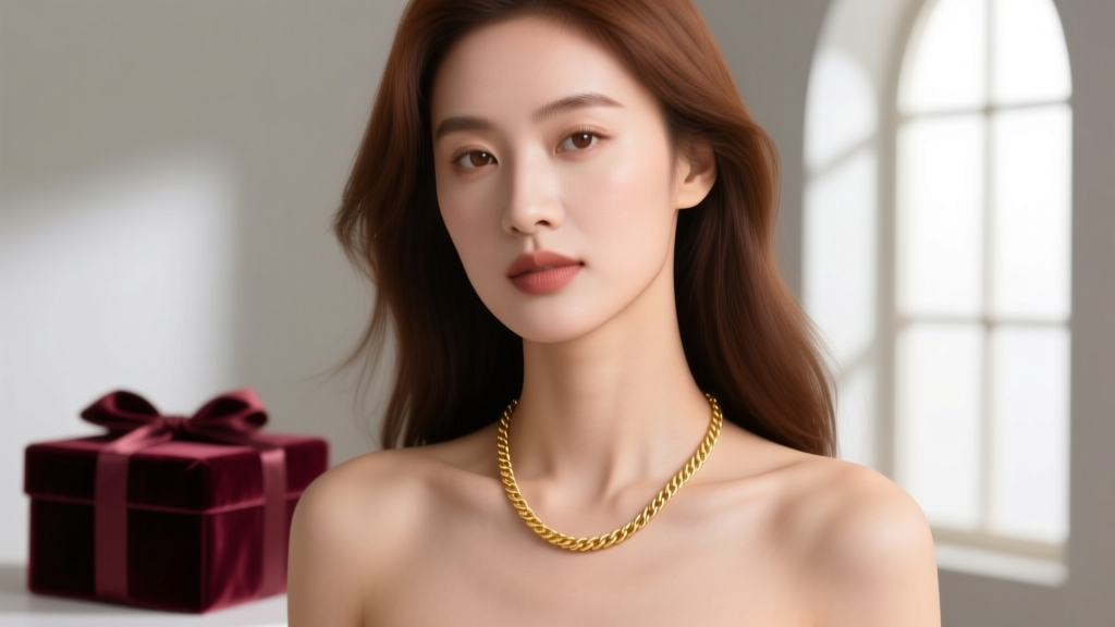 Woman wearing a delicate 16-inch 14k gold cable chain pendant, soft window lighting, blurred velvet gift box in the background