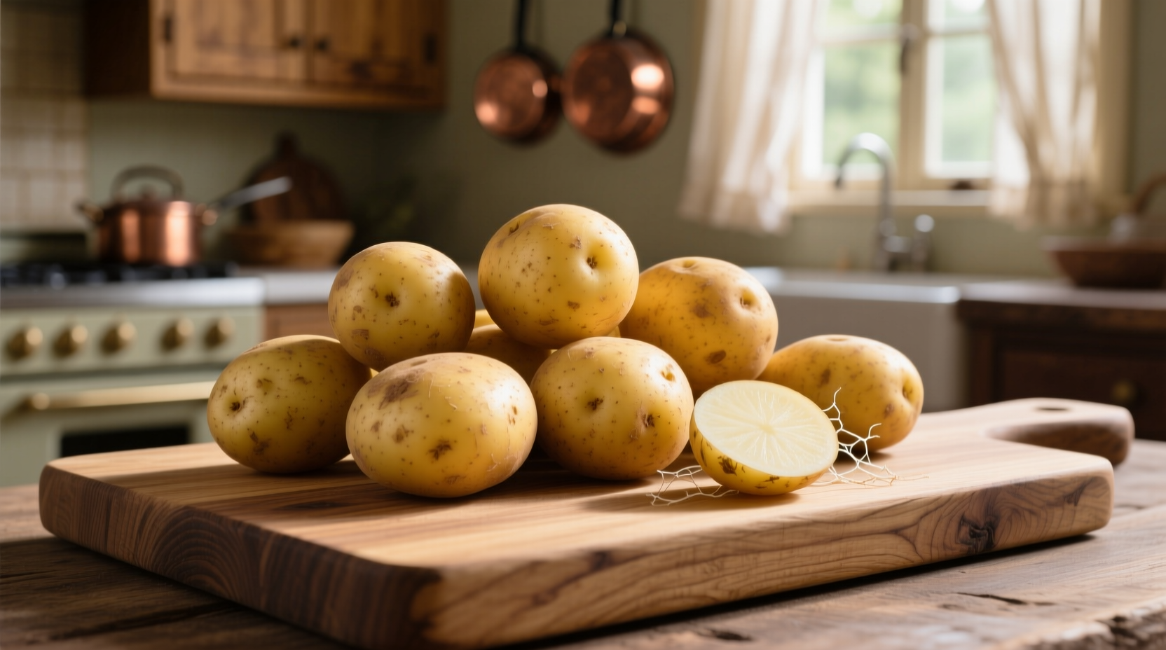 Yellow potatoes on wooden cutting board