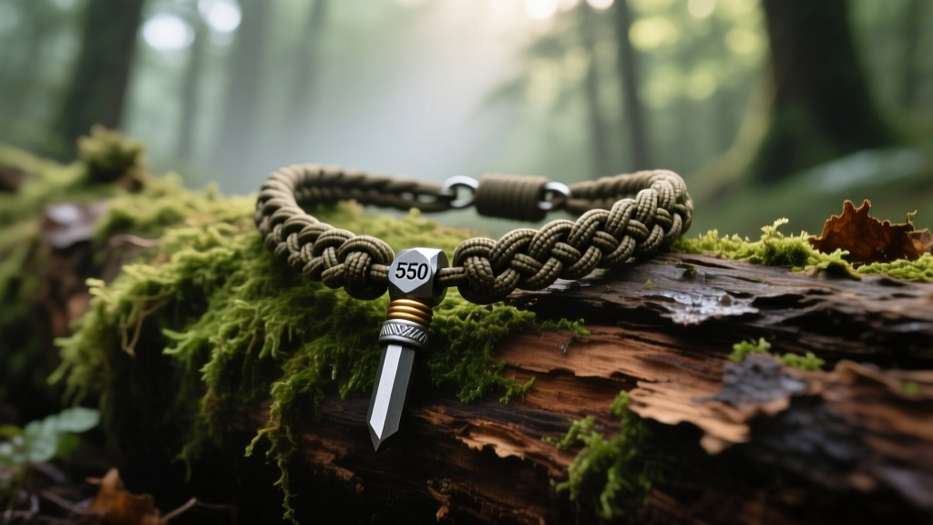 Rugged 550 paracord survival necklace with a thick ferrocerium fire starter rod pendant resting on a mossy forest log.