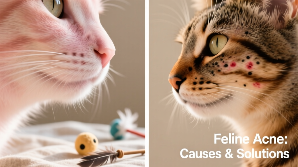Side-by-side comparison showing healthy cat chin versus chin with moderate acne: visible blackheads and mild swelling