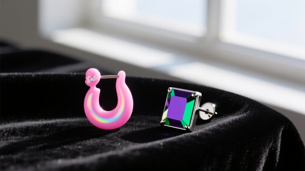 Vintage pink thermoplastic Barbie magic earring beside a modern titanium dichroic glass stud earring resting on dark velvet fabric