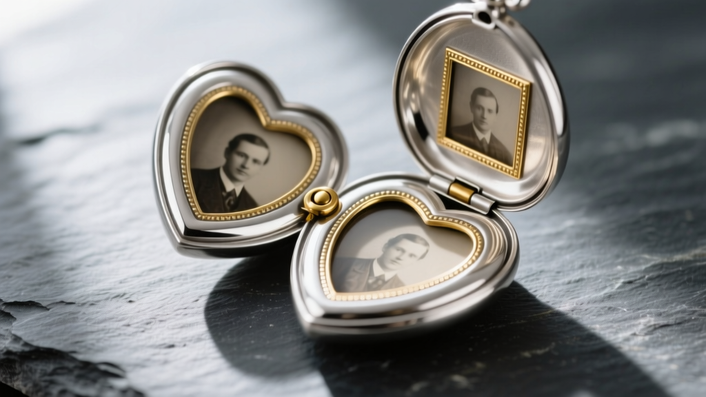 Macro shot of an open sterling silver heart locket on slate, showing inner photo bezels and a small brass hinge pin mechanism.