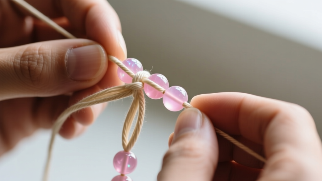 Jeweler hands knotting beige silk thread between smooth pink tourmaline beads, highlighting traditional bead stringing methods.