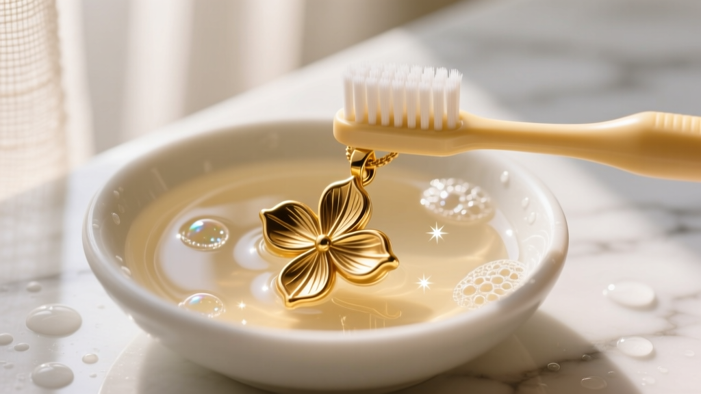 A soft-bristled baby toothbrush gently scrubbing the crevices of a gold clove pendant submerged in a bowl of warm soapy water.