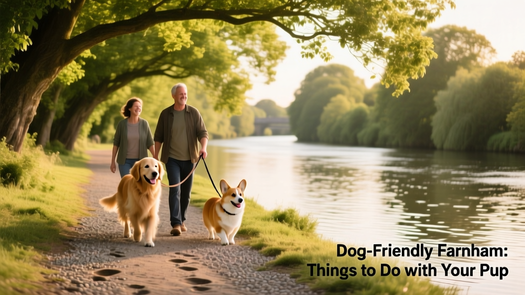 A scenic riverside path along the River Wey with dogs walking alongside their owners, trees overhead, and gentle water flow visible