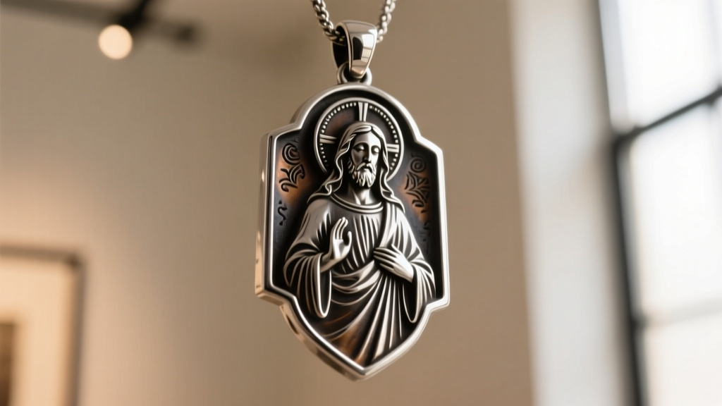Macro shot of a die-struck silver saint pendant, contrasting bright polished edges with dark oxidized recesses of the figure.