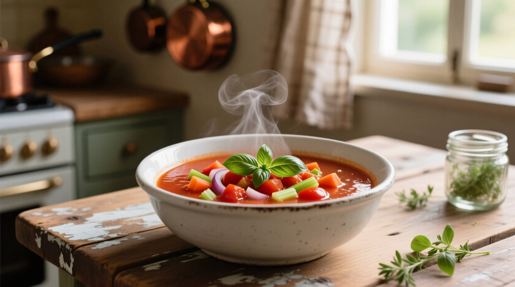 Homemade tomato vegetable soup in white bowl