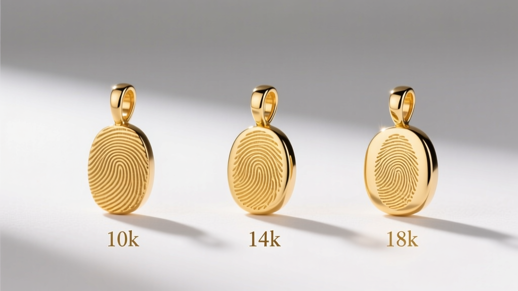 Side-by-side view of 10k, 14k, and 18k gold fingerprint charms, highlighting varying levels of ridge detail and surface polish.