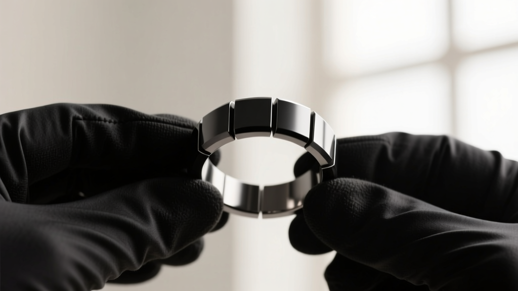 Side profile of black heat-treated niobium segment ring held by gloved hands, highlighting the seamless joint and matte metallic finish.