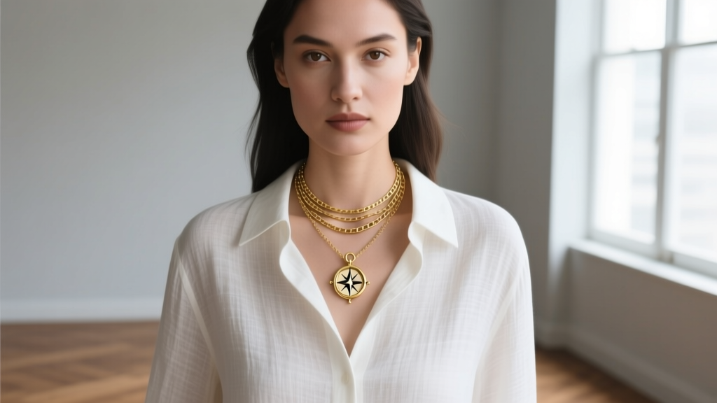 Woman wearing a layered necklace stack with a 14k gold compass pendant on a box chain, styled with a crisp linen shirt.