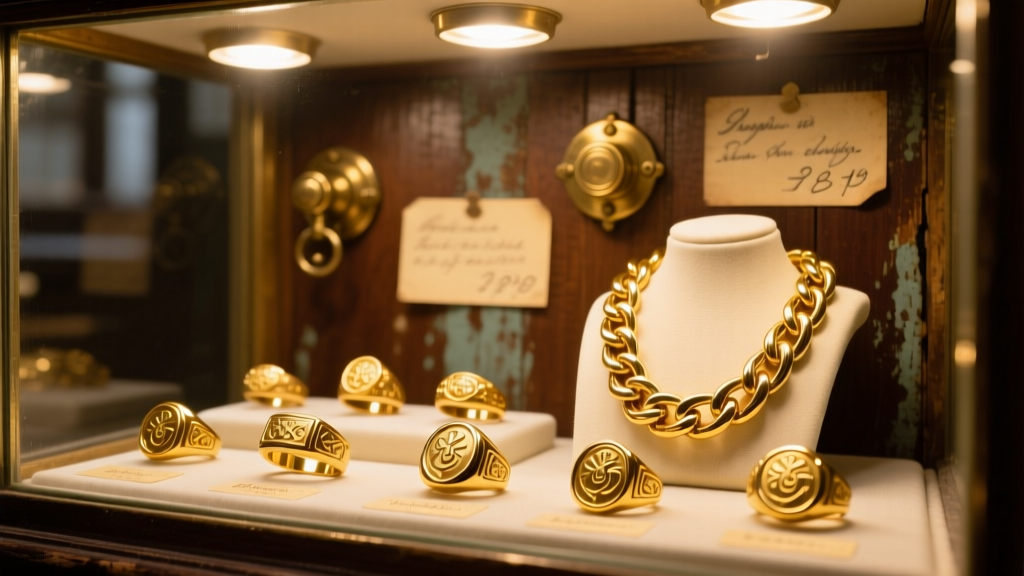 Warm spotlights illuminate 18k yellow gold signet rings and heavy Cuban link chains inside a vintage pawn shop display case.
