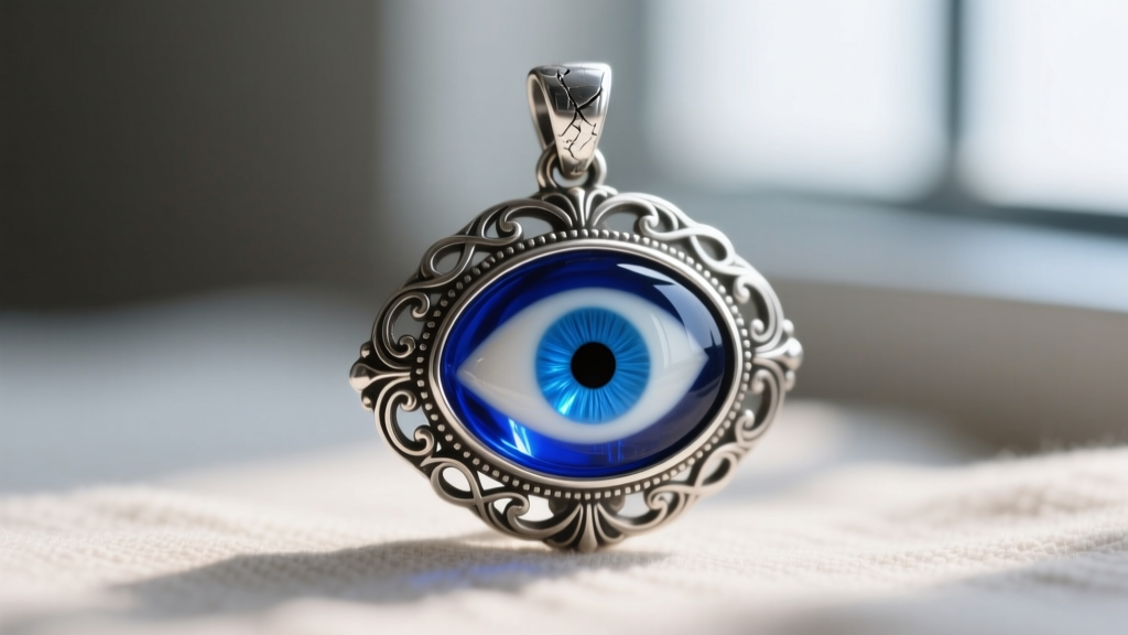 Macro shot of a blue glass evil eye amulet in oxidized sterling silver, highlighting bezel details and a vibrant cobalt center