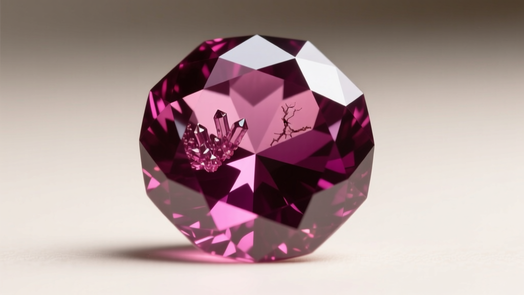 Macro photo of a faceted rhodolite garnet showing purplish-red hues and internal inclusions under bright gemological lighting.
