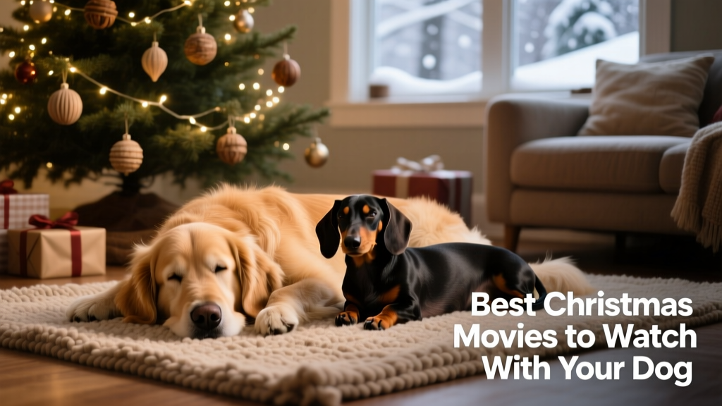 Two dogs napping side-by-side on a rug beneath a softly lit Christmas tree