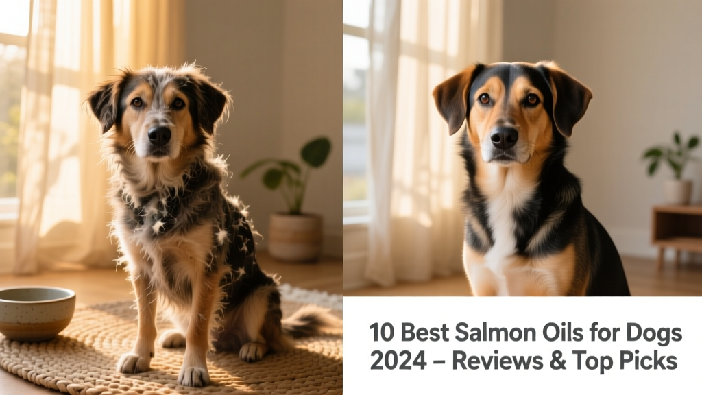 Before-and-after photos showing improved coat texture and reduced dandruff in a medium-sized mixed-breed dog