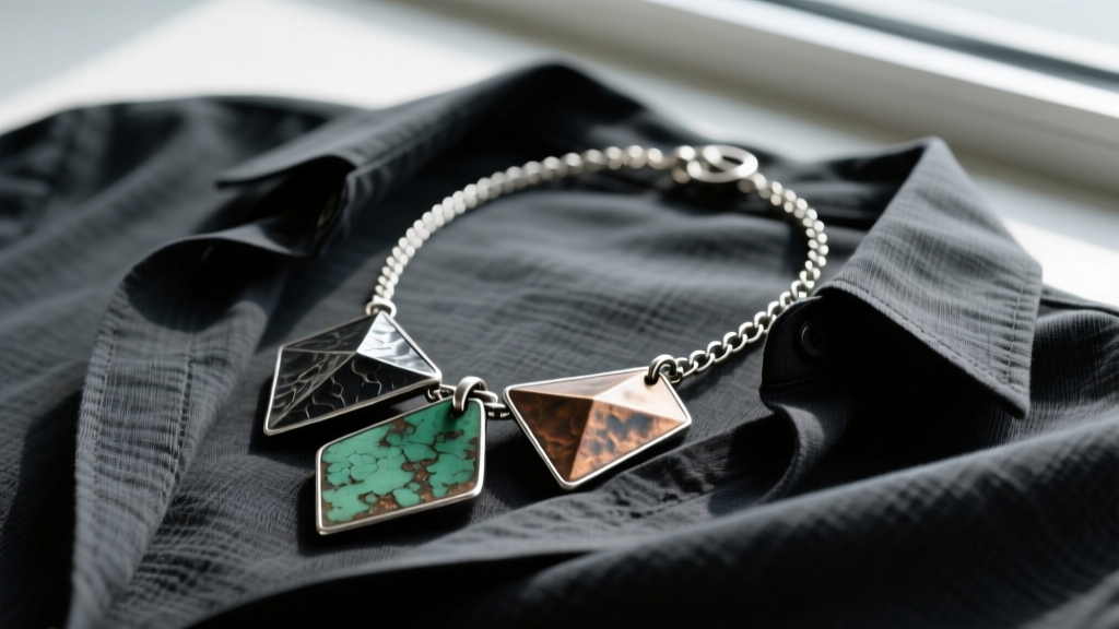 Close-up of an avant-garde oxidized silver necklace with irregular geometric pendants resting on a dark charcoal linen shirt.