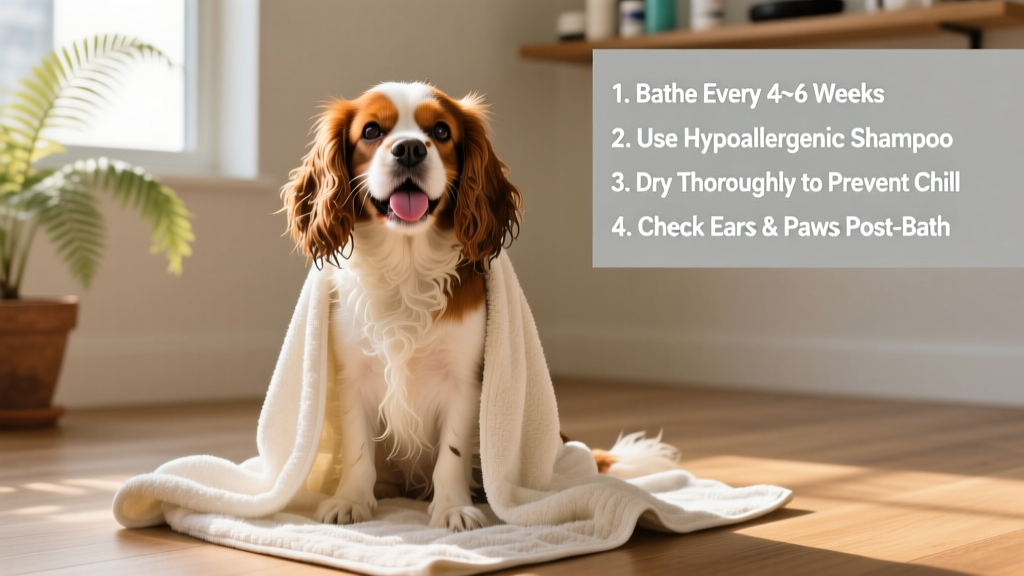 A clean, smiling Cavalier King Charles Spaniel sitting on a soft towel after a bath