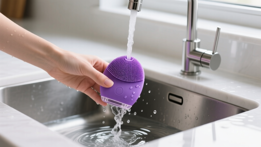 Close-up of a hand holding a compact purple silicone sonic face cleansing brush under running water in a modern sink demonstrating waterproof usage