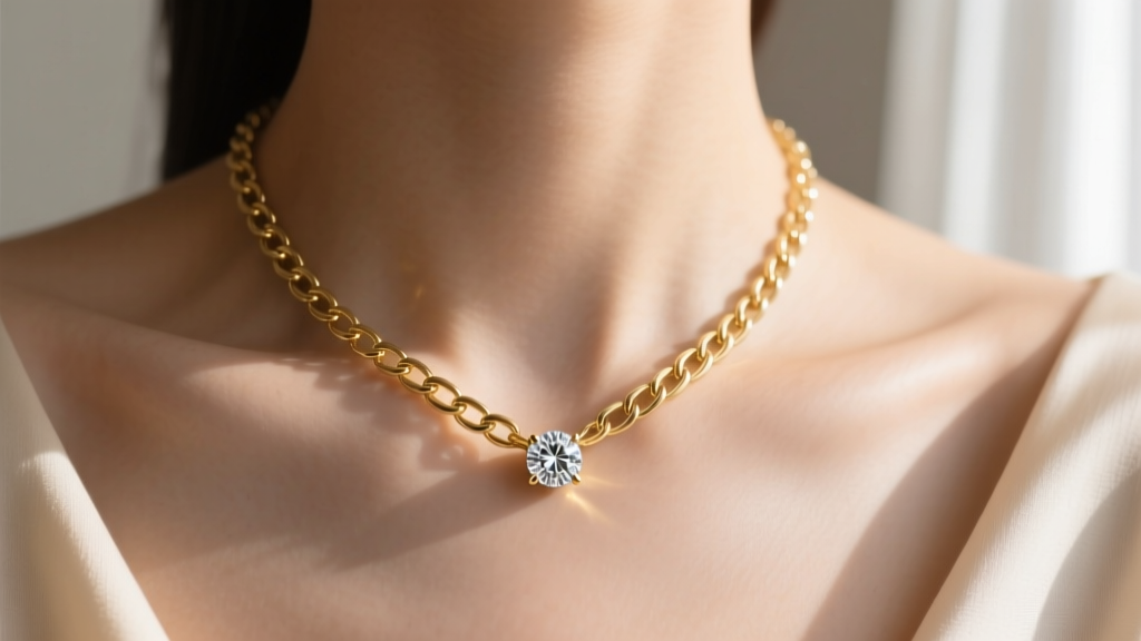 Close-up of a 14k gold chain on a collarbone, showing a bezel-set diamond stud pendant reflecting soft, diffused window light.