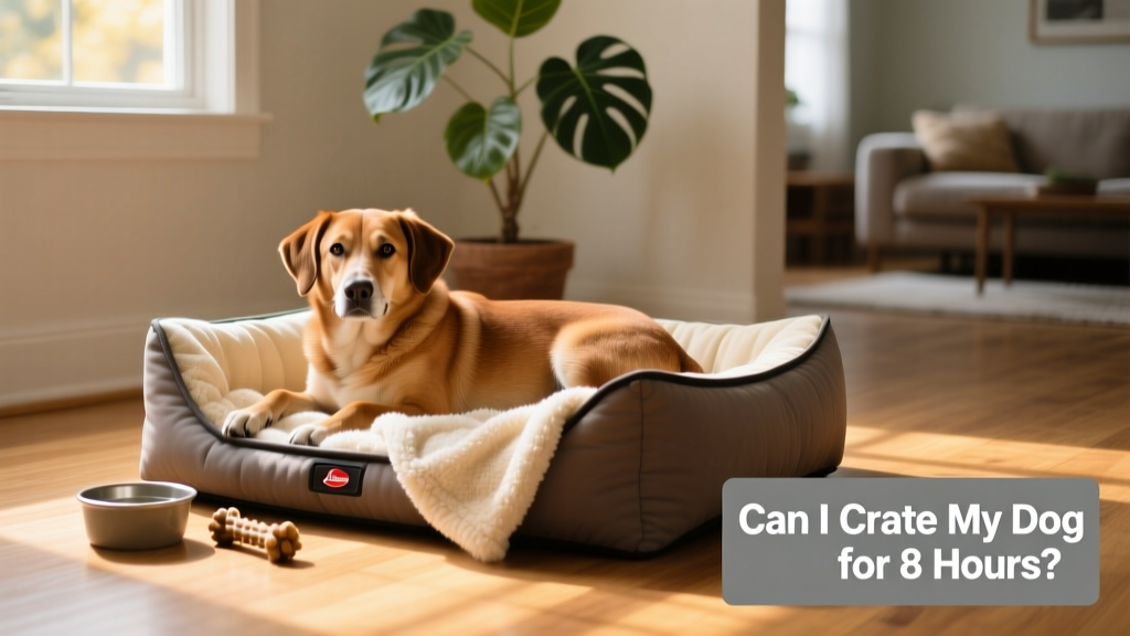 A calm, relaxed adult dog resting comfortably in a well-padded crate with a soft blanket
