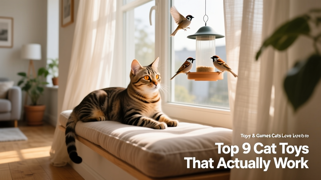 A relaxed cat lounging on a padded window perch, gazing out at a bird feeder outside
