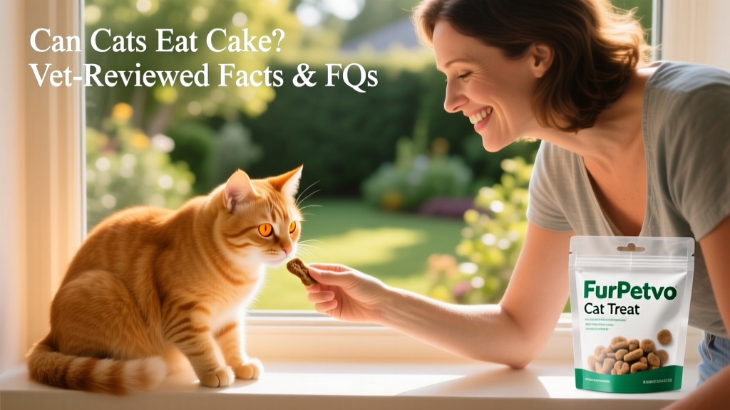 A smiling owner offering a FurPetVo branded cat treat to their relaxed ginger cat on a sunny windowsill