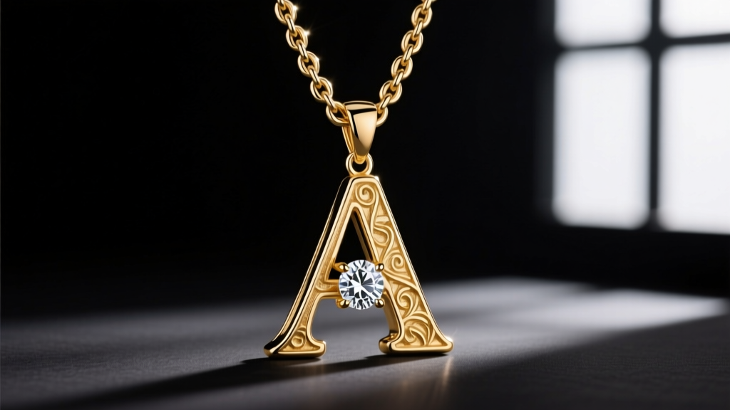 A heavy 14k gold custom letter A pendant with VVS moissanite on a thick Cuban chain against a moody, dark studio backdrop.