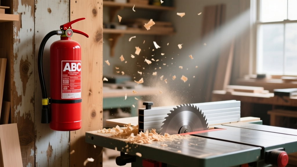 Red ABC fire extinguisher mounted on a plywood wall next to a table saw with wood shavings in a professional carpentry workshop.
