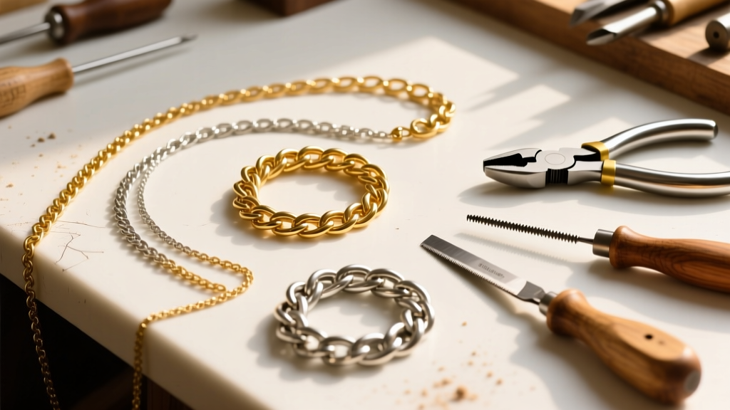 Overhead shot of a workbench with gold, silver, and steel chains next to flush cutters and a jeweler saw under warm lighting.
