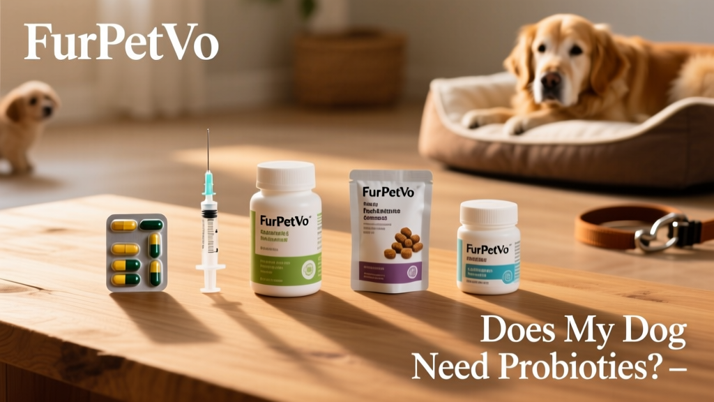 Five different FurPetVo probiotic products arranged neatly on a clean wooden surface: capsules, syringe, chews, powder packets, and calming powder