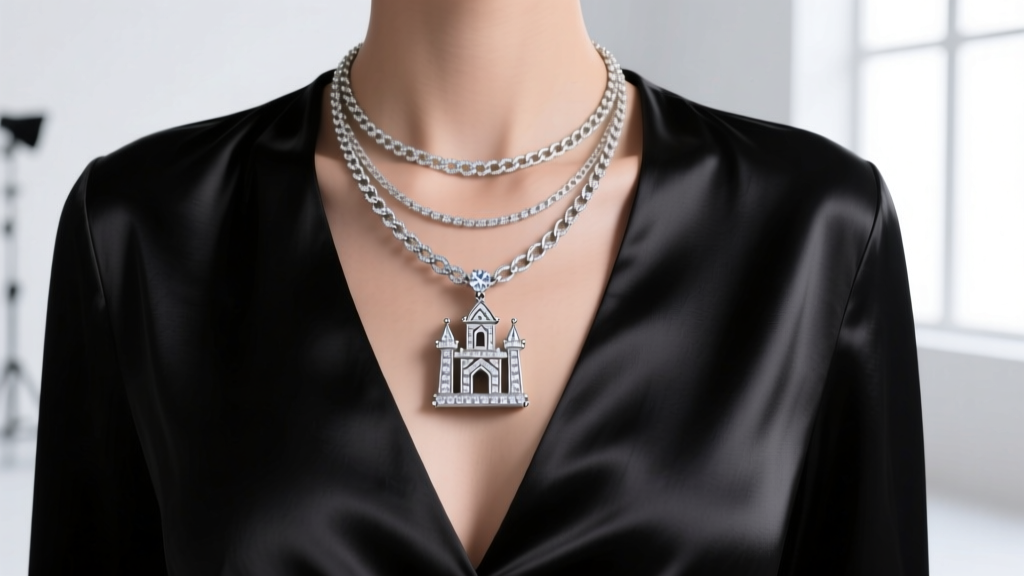 Close-up of a diamond castle necklace layered with a 14-inch tennis chain over a black silk V-neck blouse, elegant evening look