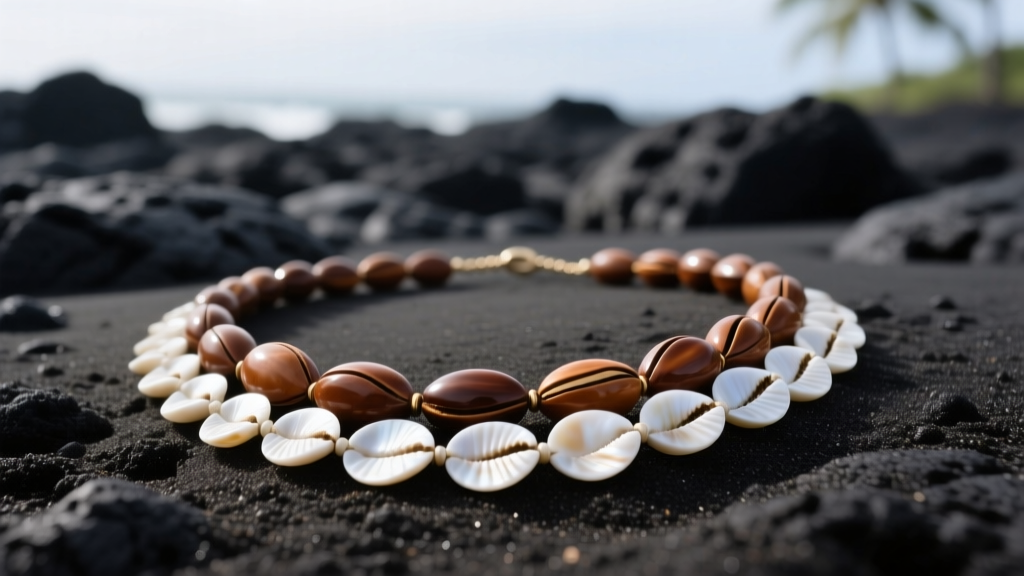 Close-up of a Hawaiian lay necklace crafted from polished brown kukui nuts and white puka shells resting on dark volcanic sand