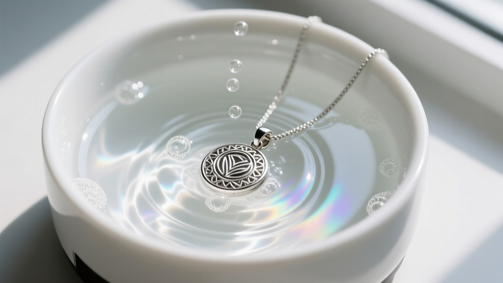 Top-down view of an ultrasonic jewelry cleaner with soapy water, showing a silver s steel pendant submerged and vibrating gently.