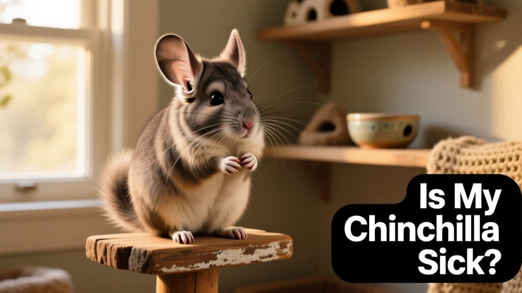 Healthy chinchilla sitting upright on a wooden perch, alert and grooming its fur
