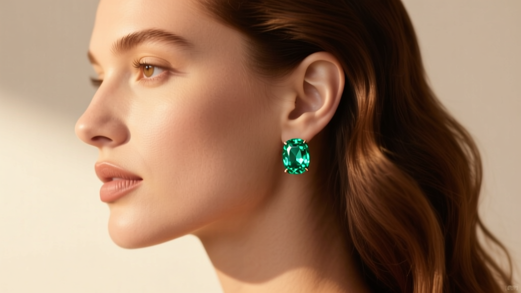 Side profile of a model wearing delicate tsavorite huggie earrings, highlighting vivid light green gems against warm skin tones
