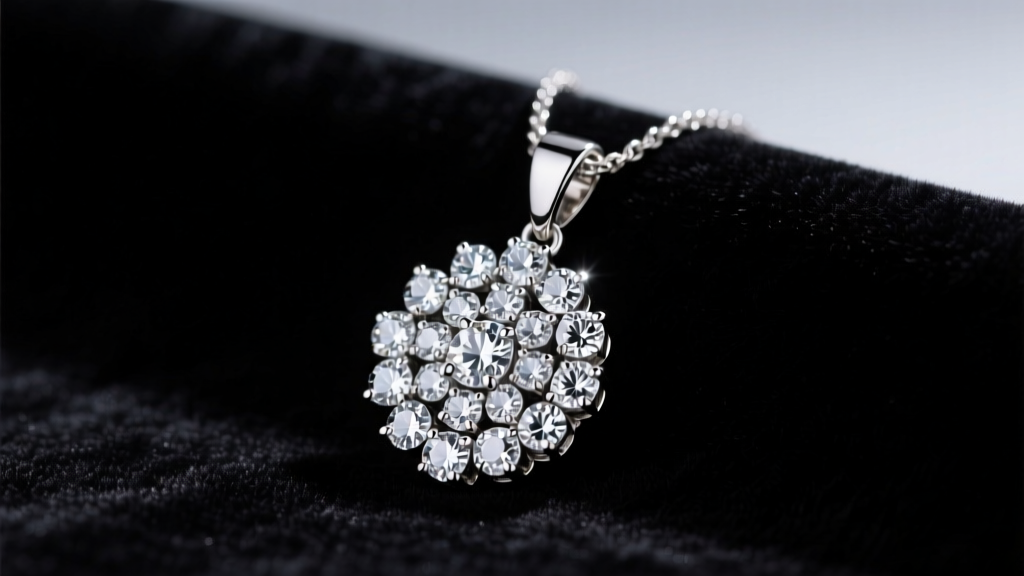Rhodium-plated brass pendant necklace with round cubic zirconia stones on dark velvet under soft, directional studio lighting.