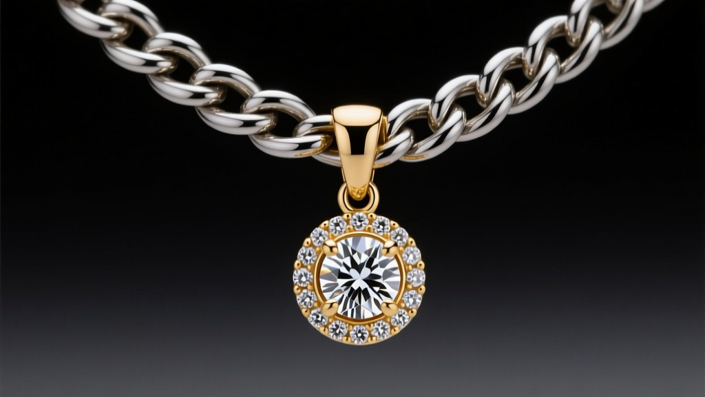 Close-up of a delicate 18k gold diamond pendant on a heavy stainless steel Cuban chain under soft, moody studio lighting