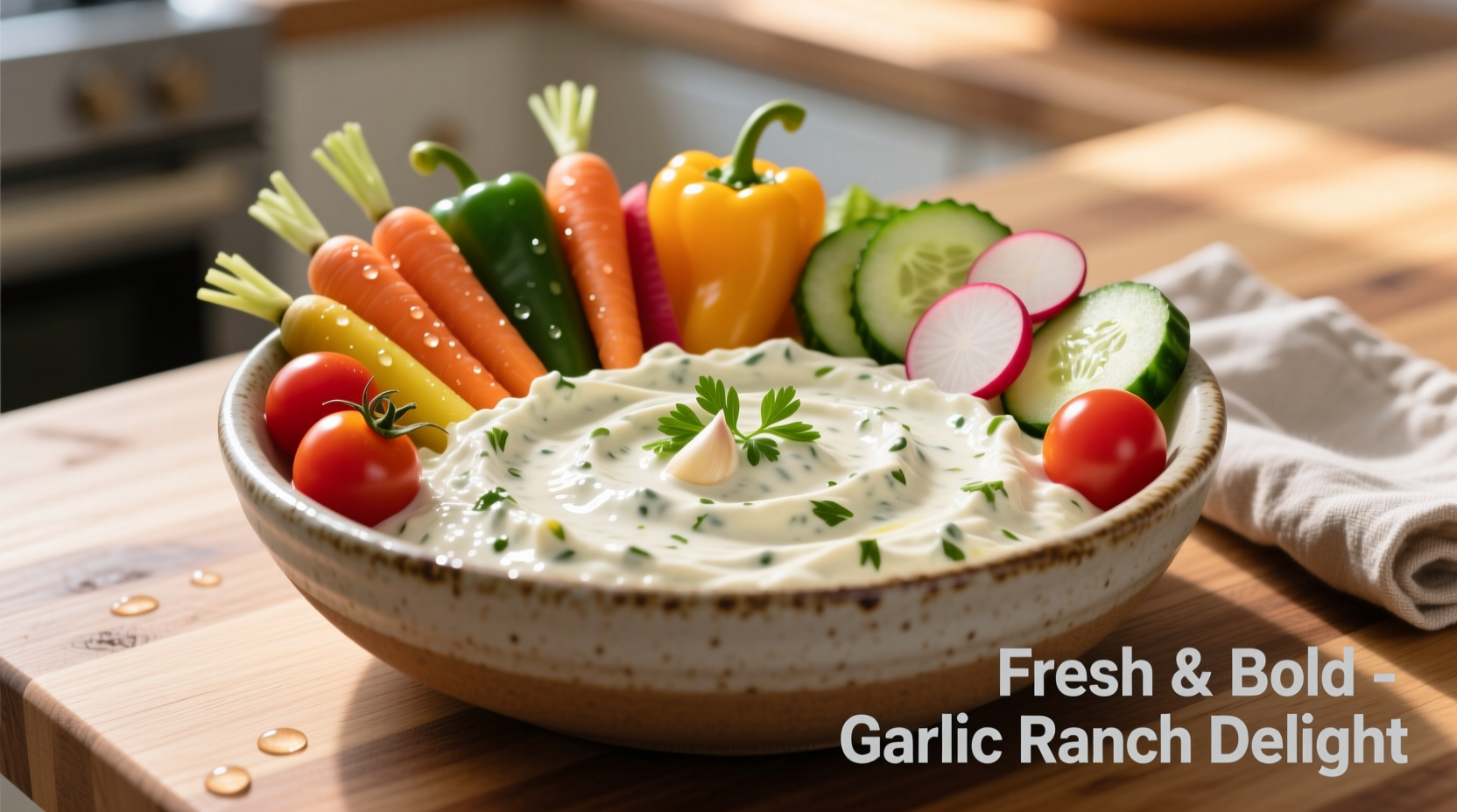 Creamy garlic ranch dip in bowl with vegetables