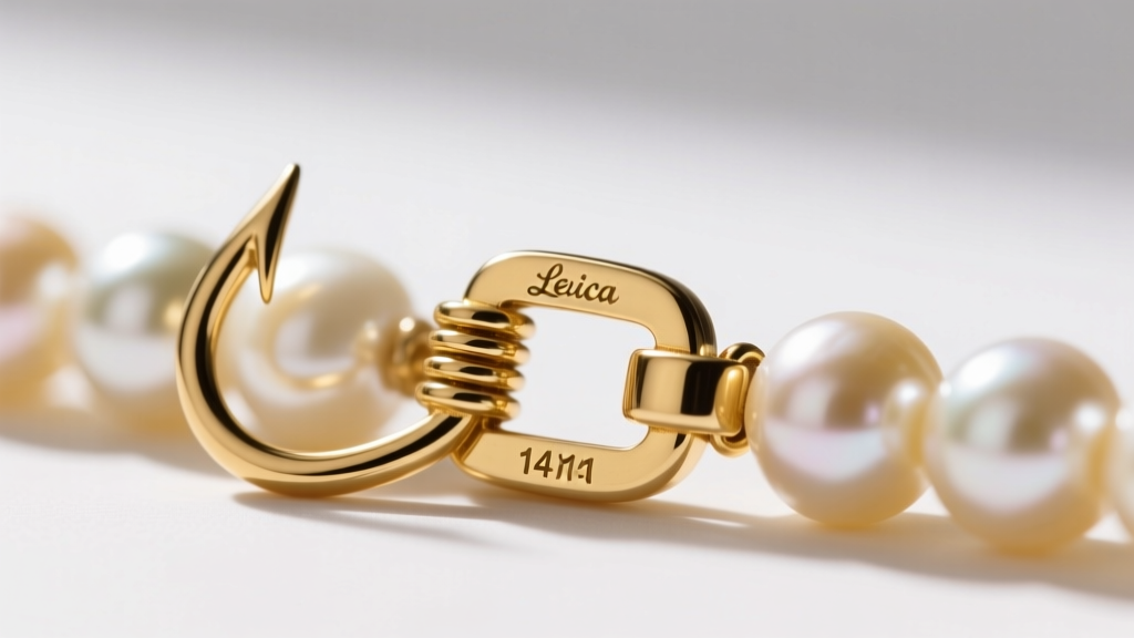 Macro of a 14k gold fishhook clasp on a vintage pearl strand, showing the safety catch and hallmarks stamped inside the metal.