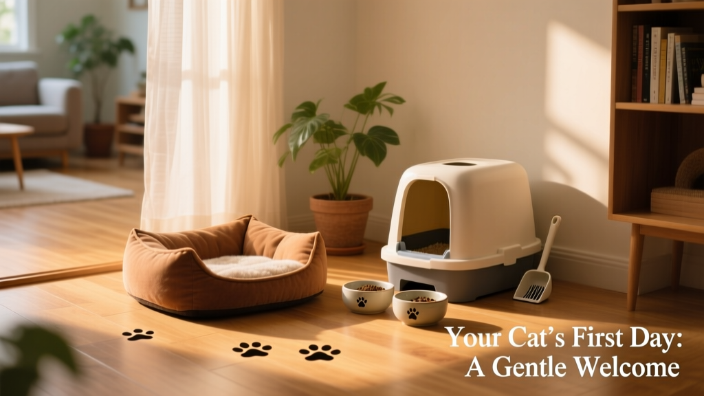 A serene starter room with a cat bed, open litter box, and food/water bowls arranged neatly in a sunlit corner