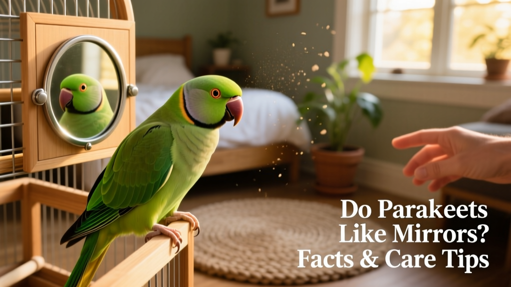 A parakeet perched near a small, safe mirror mounted on the side of its cage