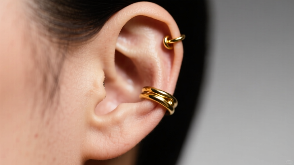 Close-up of an ear wearing a gold helix-to-lobe earring cuff, highlighting cartilage and lobe piercings in soft studio light.