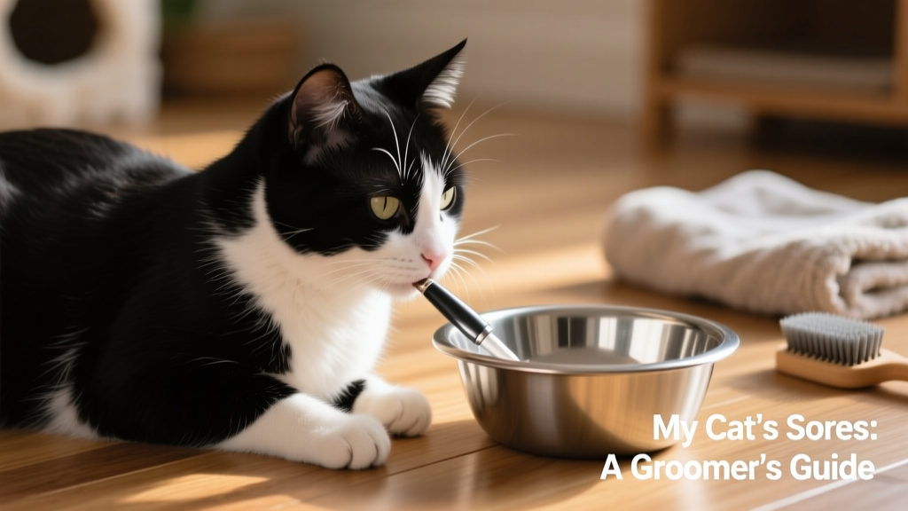 Cat gently receiving topical treatment near her chin, with clean stainless-steel bowl nearby