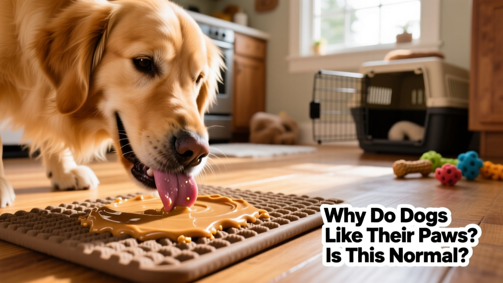 Dog happily licking a textured mat filled with peanut butter