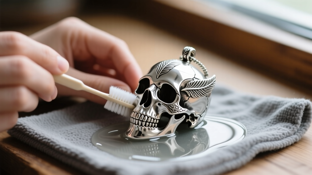 Hands using a soft toothbrush and soapy water to clean an antique silver crow skull pendant on a gray microfiber cloth.