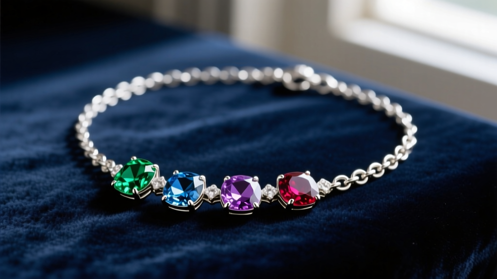 Close-up of a tangled silver grandmothers necklace with colorful birthstone charms resting on a dark velvet jeweler's repair mat.